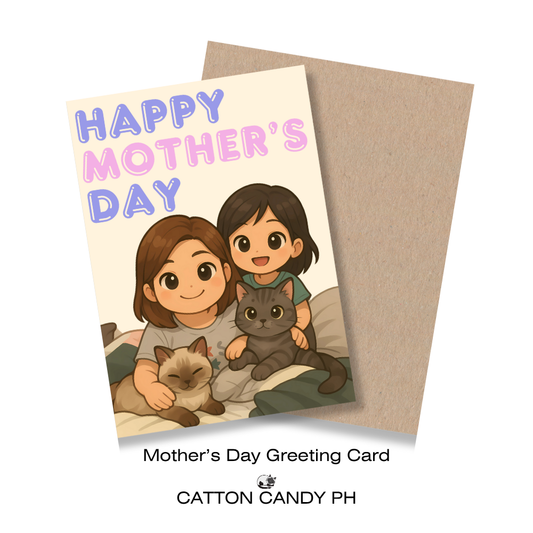 Happy Mother's Day Greeting Card (Mom with Girl Child and cats) with Envelope