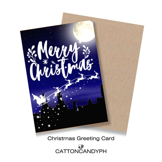 Christmas Greeting Card (Santa Sleigh Silhouette Design with Moon & Stars) with Envelope