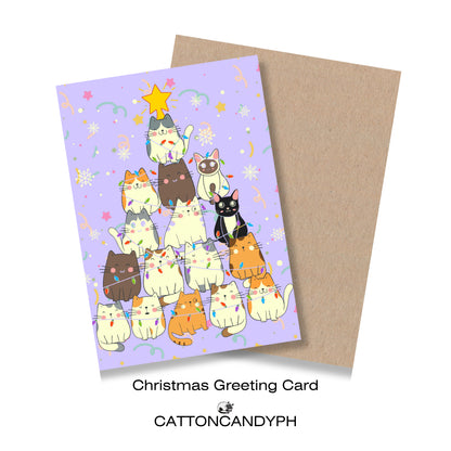 Christmas Greeting Card (Cat Stack Holiday Greeting with Lights & Star) with Envelope