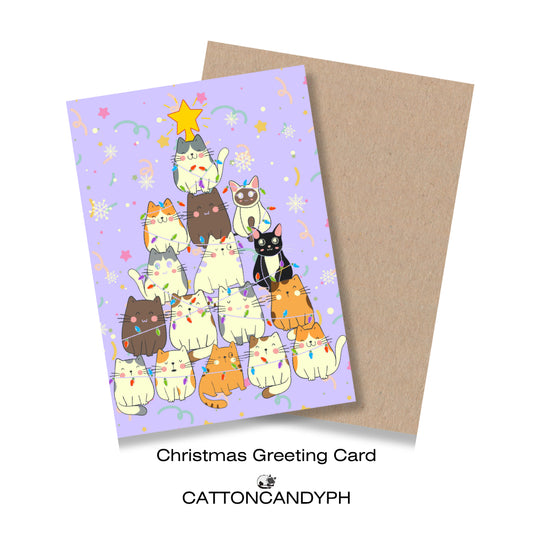 Christmas Greeting Card (Cat Stack Holiday Greeting with Lights & Star) with Envelope