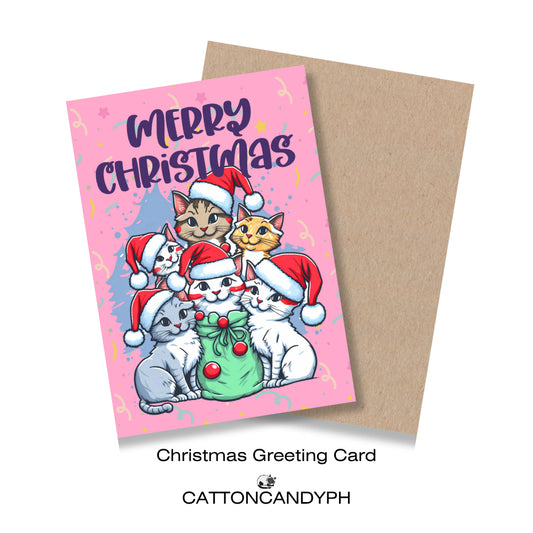 Christmas Greeting Card (Cute Cats in Santa Hats with Gift Sack) with Envelope